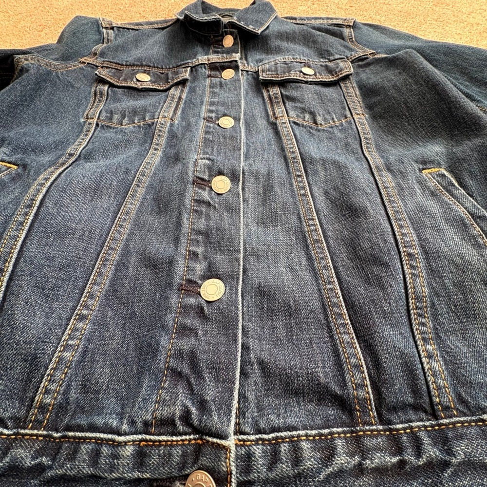 Gap Denim Jacket Ladies Large Tall Dark Wash Blue Cotton Trucker Jacket EUC - Picture 6 of 15